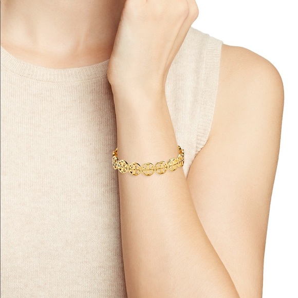 NWT Tory Burch Gold Logo Cuff Shiny Brass Bracelet - Picture 6 of 7